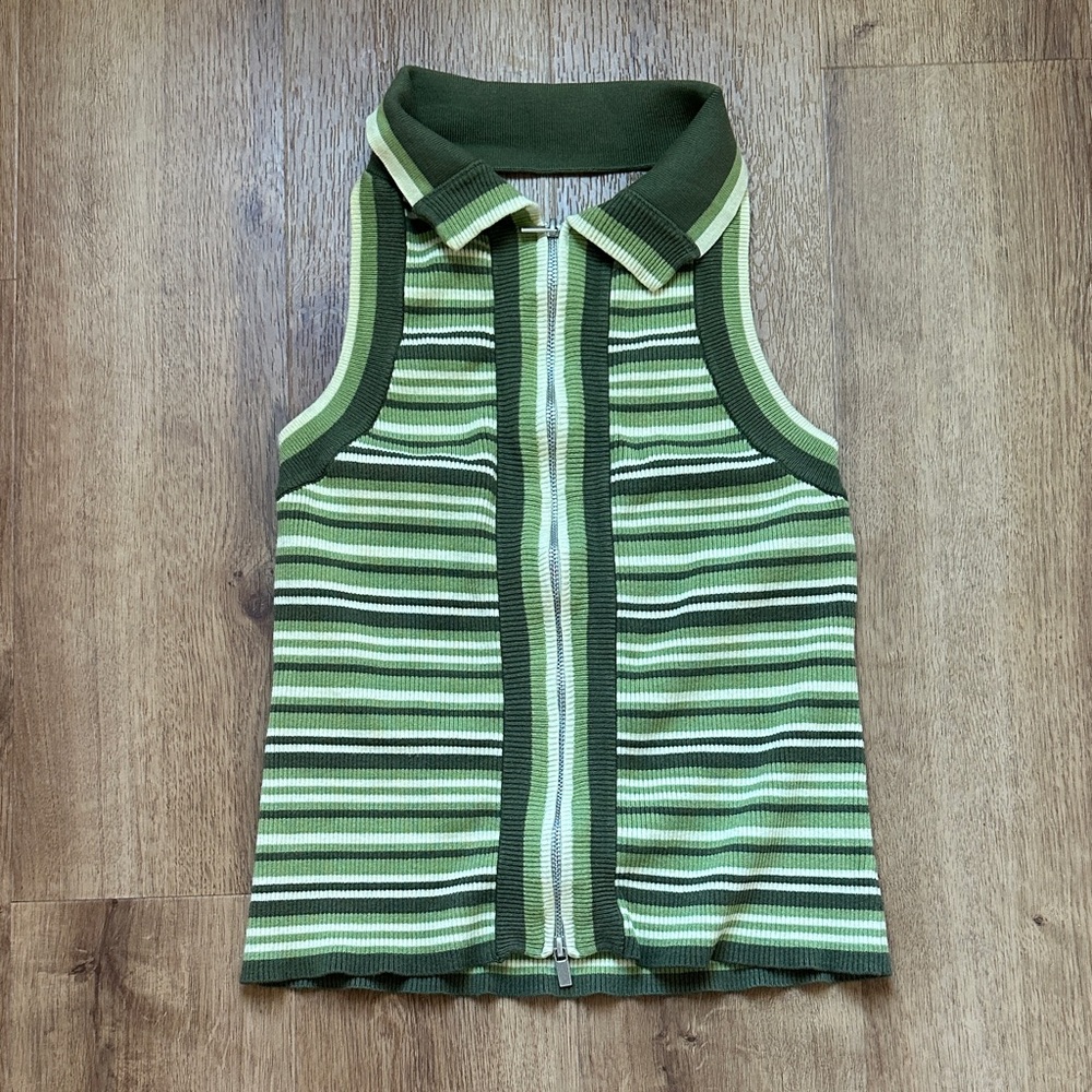 Mango Y2K Green Striped‎ Zip Up Collard Halter Top Size Large